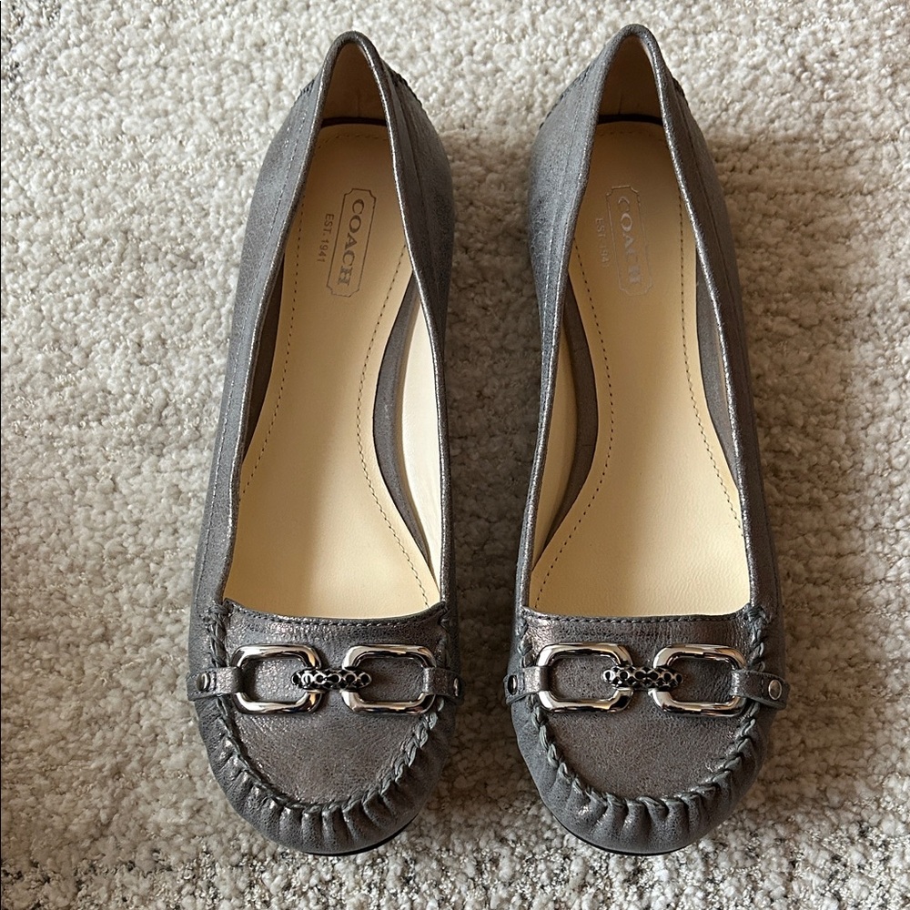 Coach Metallic Gray Leather Moccasin Flats
